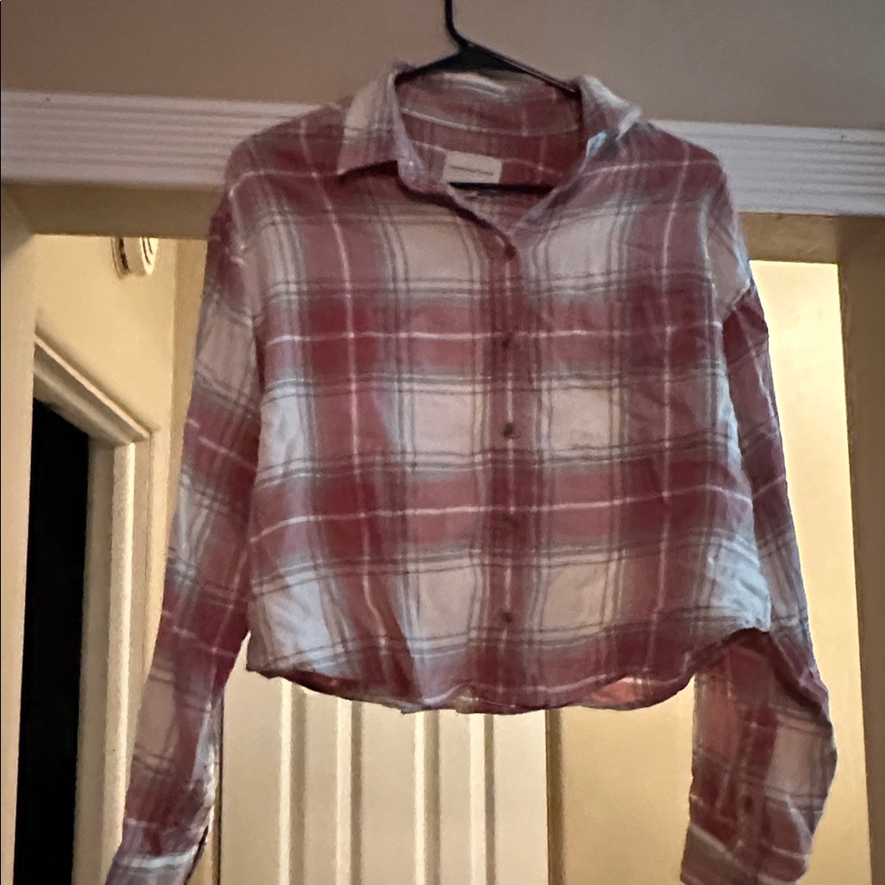 American Eagle Outfitters Pink and Cream Plaid Shirt